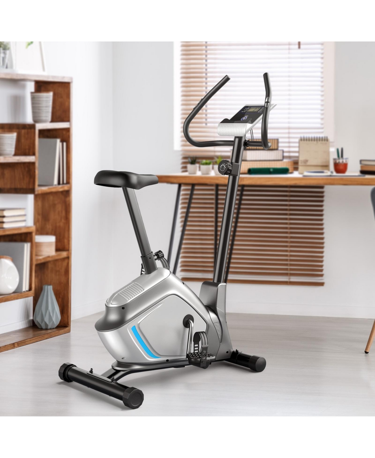Slickblue Magnetic Stationary Upright Exercise Bike with Lcd Monitor and Pulse Sensor - grey