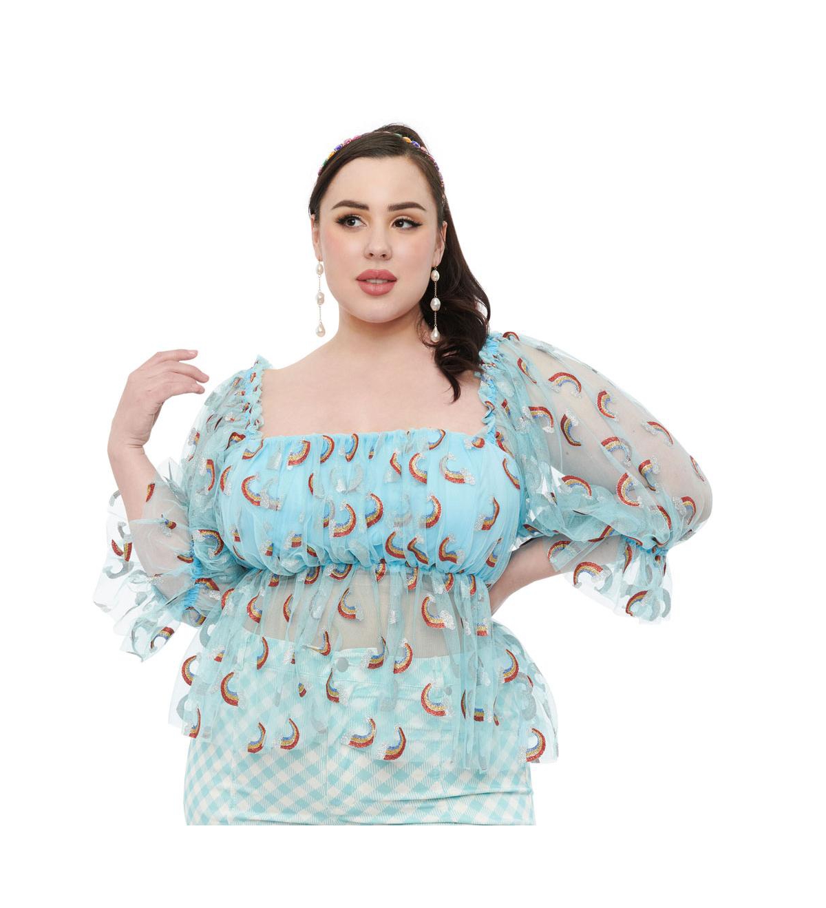 Plus Size 1960s Mesh Ruffle Babydoll Top - Sky blue  glitter rainbow