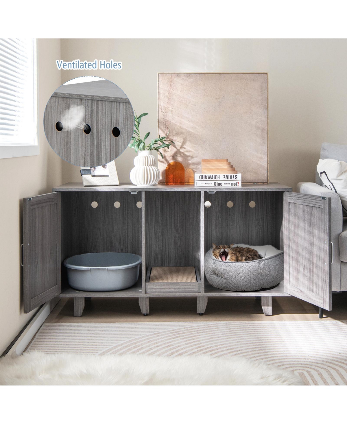 Slickblue 2-Door Cat Litter Box Enclosure with Winding Entry and Scratching Board