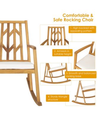 Outdoor Acacia Wood Rocking Chair Wooden Patio Rocker w/ Beige Cushion