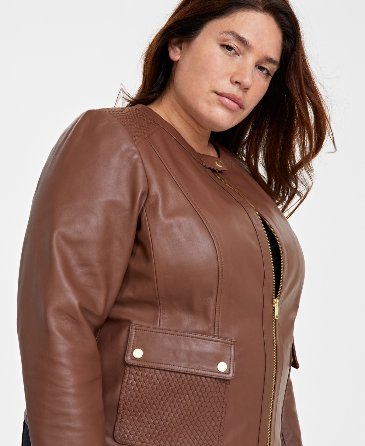 Cole Haan Plus Size Leather Woven-Shoulder Coat