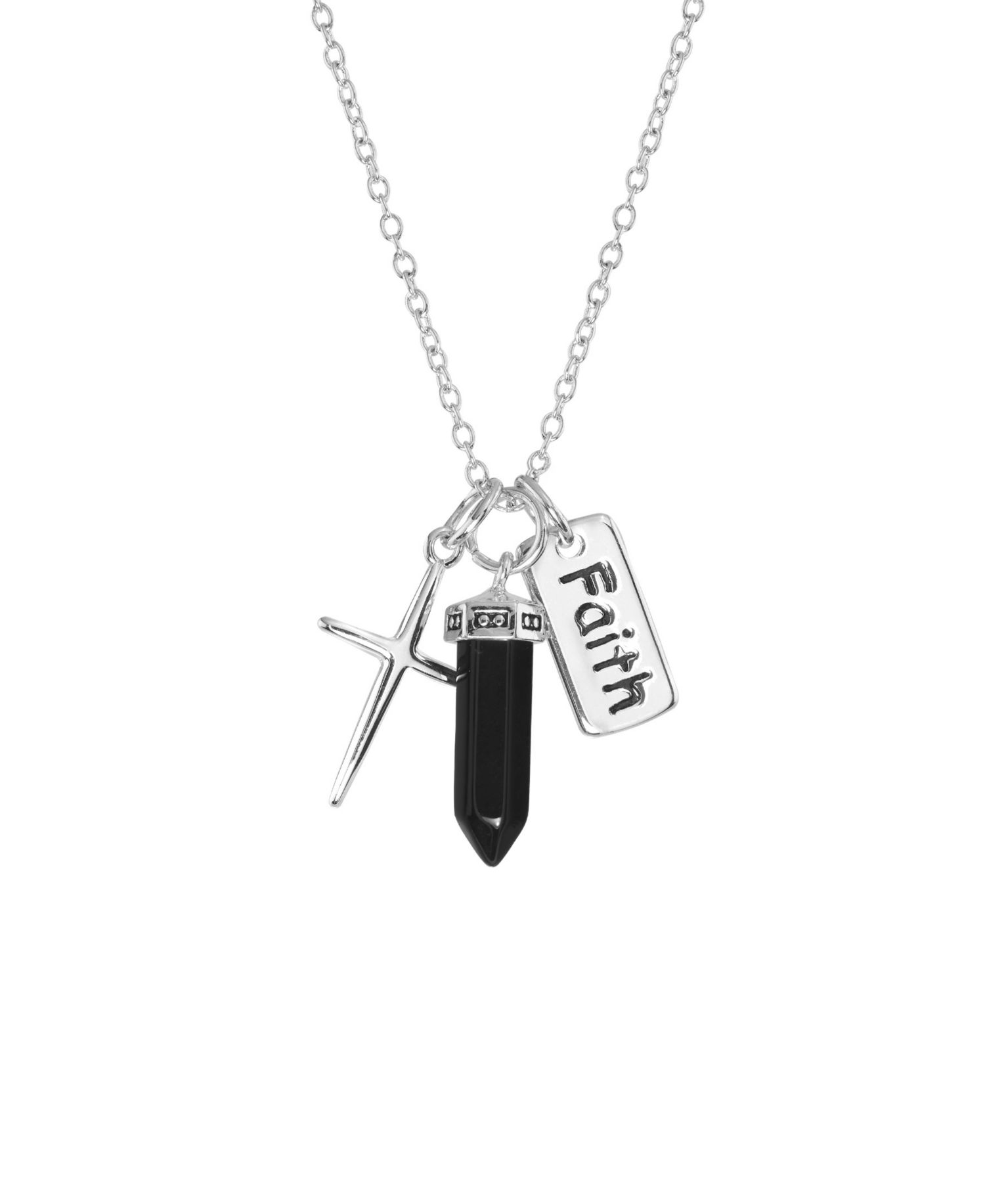 Black Agate Stone Charm Necklace in Fine Silver Plated Brass