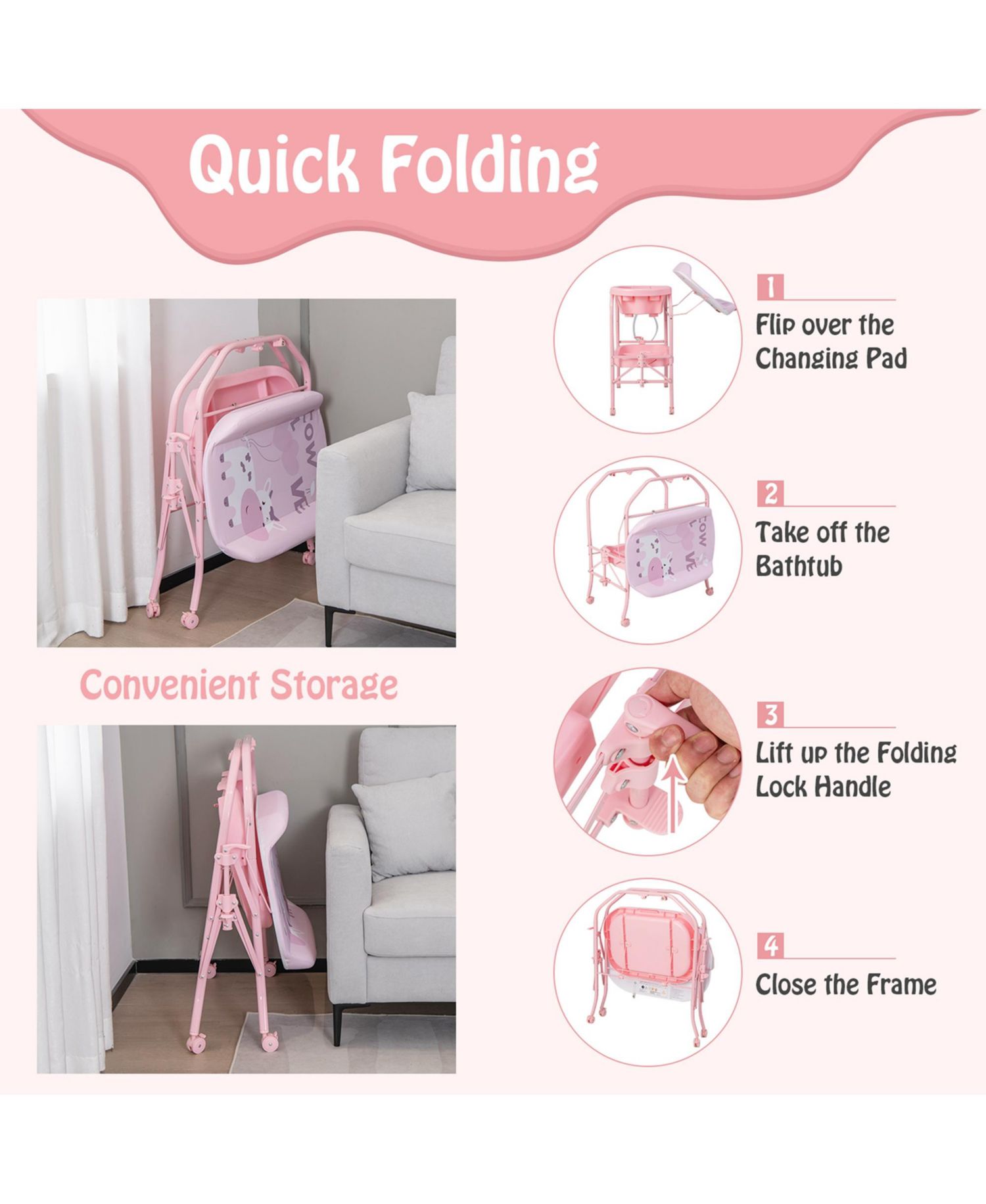 Baby Changing Table with Bathtub, Folding Diaper Station with Wheels