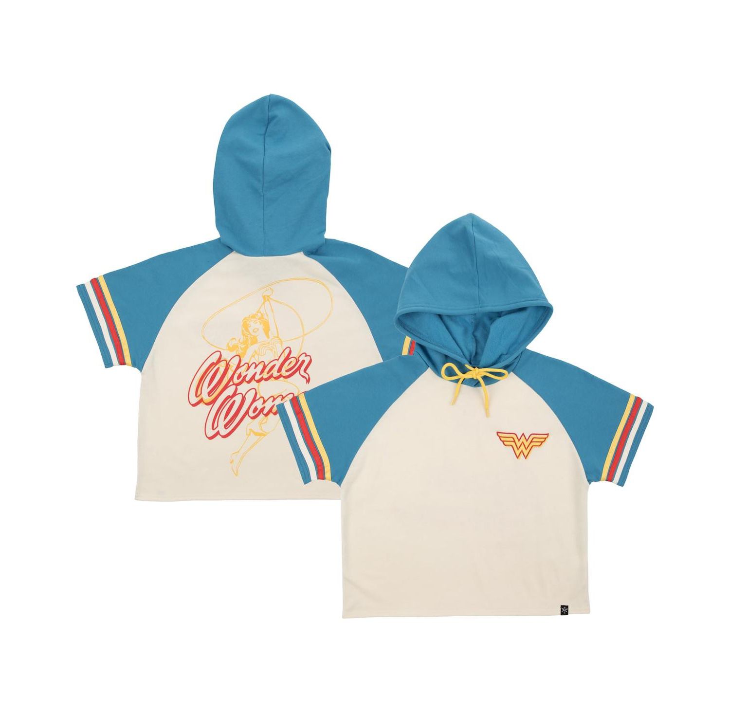 Women's Cream Wonder Woman Cropped Raglan Short Sleeve Pullover Hoodie