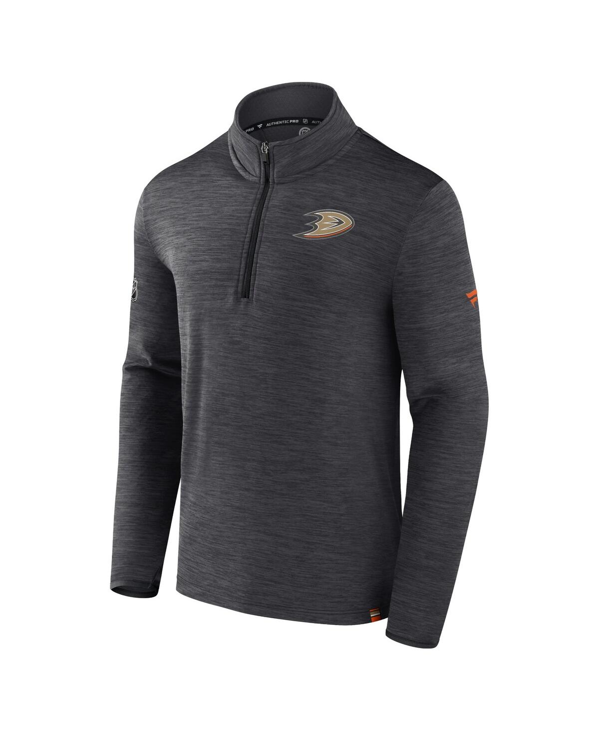 Fanatics Men'sAnaheim Ducks Authentic Pro Quarter-Zip Pullover Top - Heather Charcoal, Black