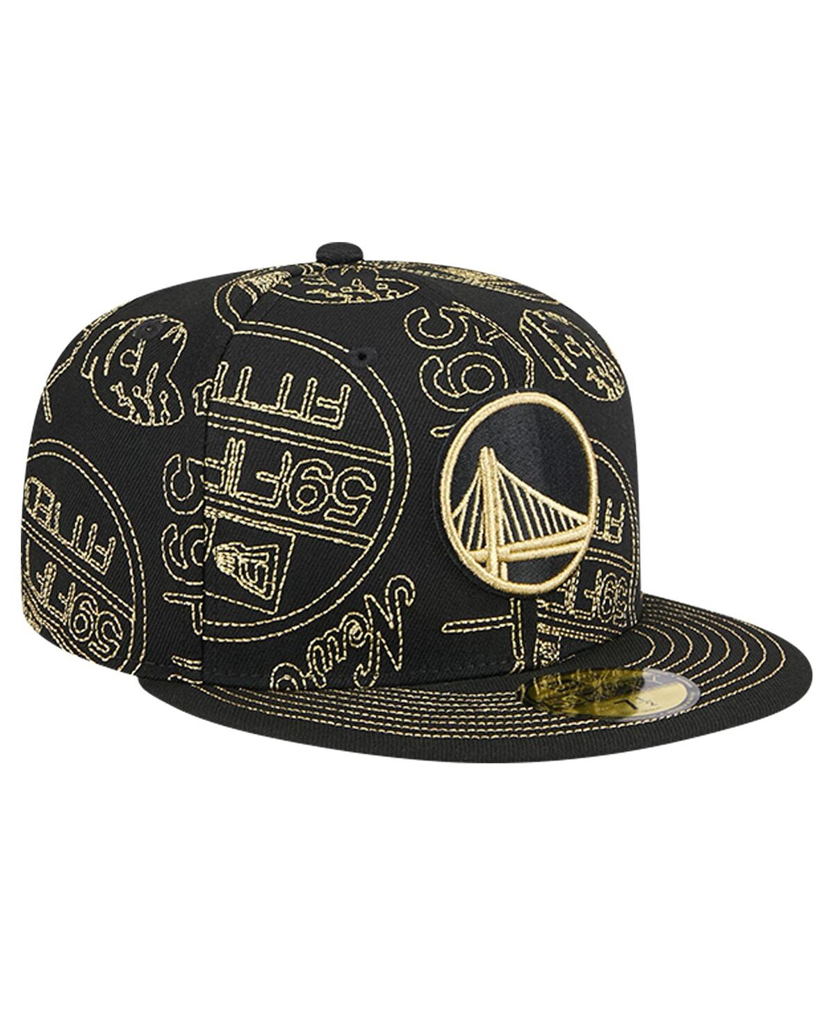 New Era Men'sGolden State Warriors 59FIFTY Day Allover Print Stencil Fitted Hat - Black