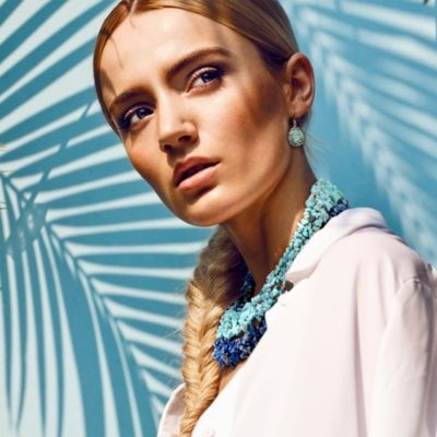 Large Natural Stones Cluster Multi Strand Collar Necklace & Stretch Bracelet Set