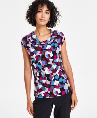 Kasper - Women's Printed Cowlneck Cap-Sleeve Blouse