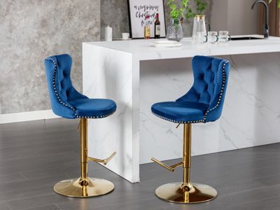 Modern Blue Velvet Bar Stools, Set of 2