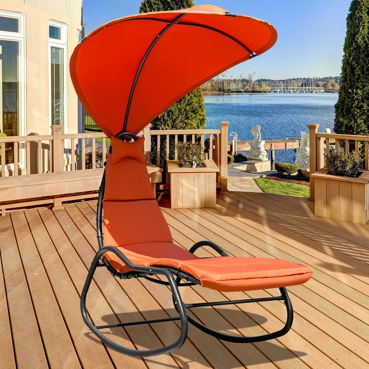 Slickblue Chaise Lounge Swing with Wide Canopy Sun Shade and Soft Cushion