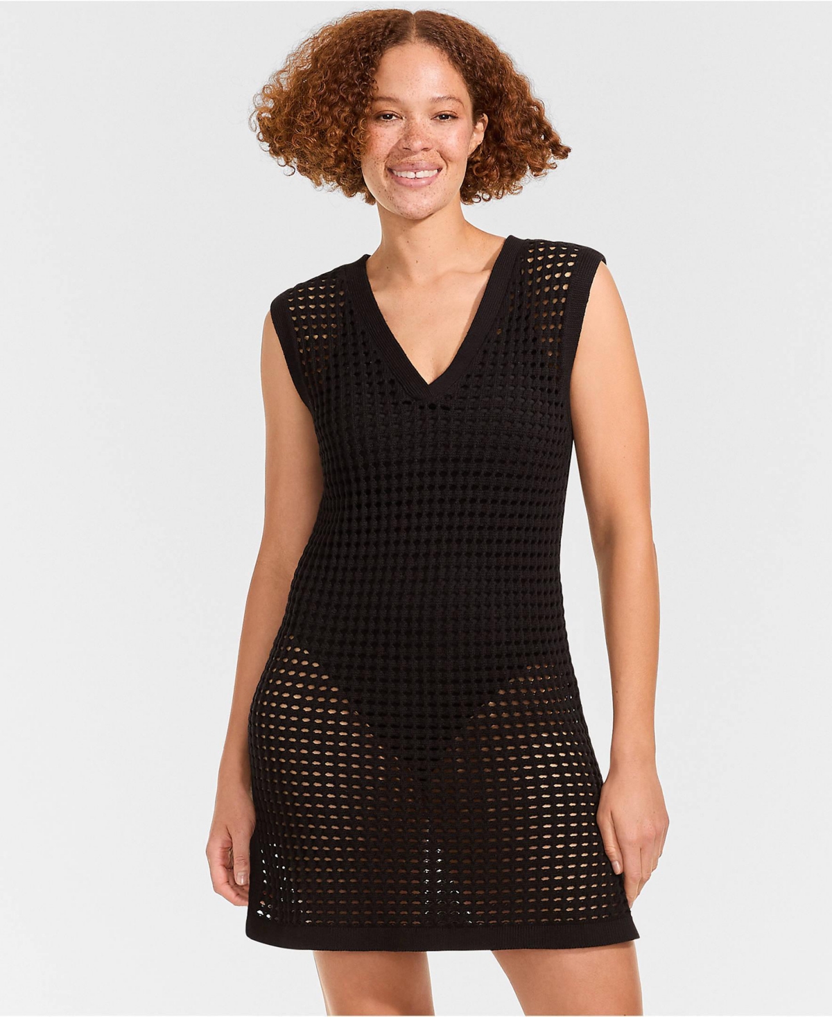 Lands' End Women's Cotton Open Knit V-Neck Swim Cover-up Dress