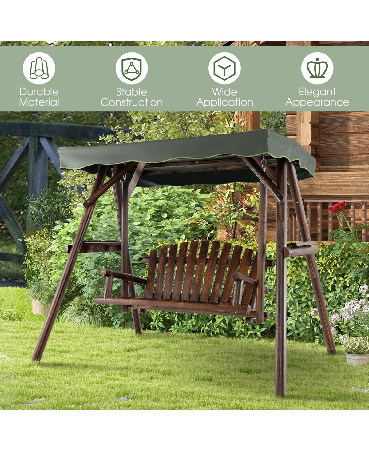 Costway 2 Person Wooden Garden Swing Bench Chair w/ Adjustable Canopy for Garden Porch