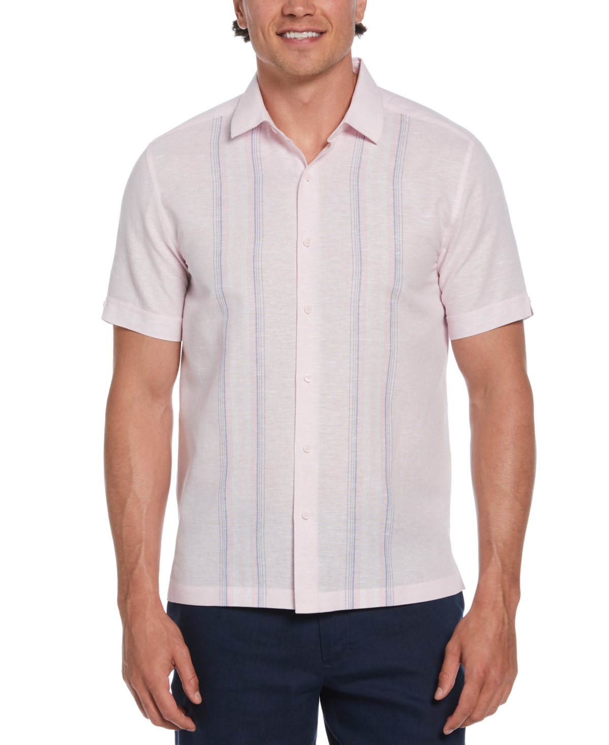 Men's Linen Blend Tri-Color Panel Short Sleeve Button-Down Shirt - Pink Tulle