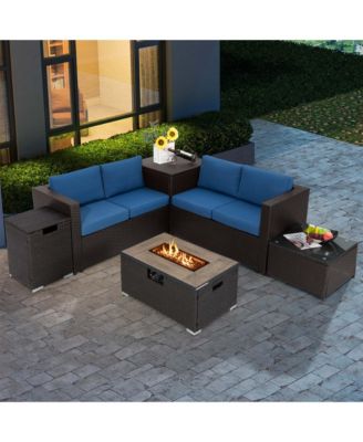 6PCS Patio Rattan Furniture Set 32'' Fire Pit Table Tank Holder with Cover