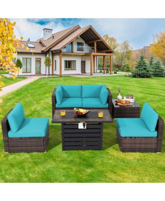 6PCS Patio Rattan Furniture Set 42'' Fire Pit Table Cover Sofa Cushion