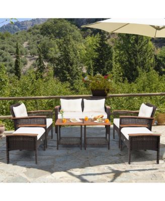 7PCS Patio Rattan Furniture Set Cushioned Loveseat Sofa Ottoman Table