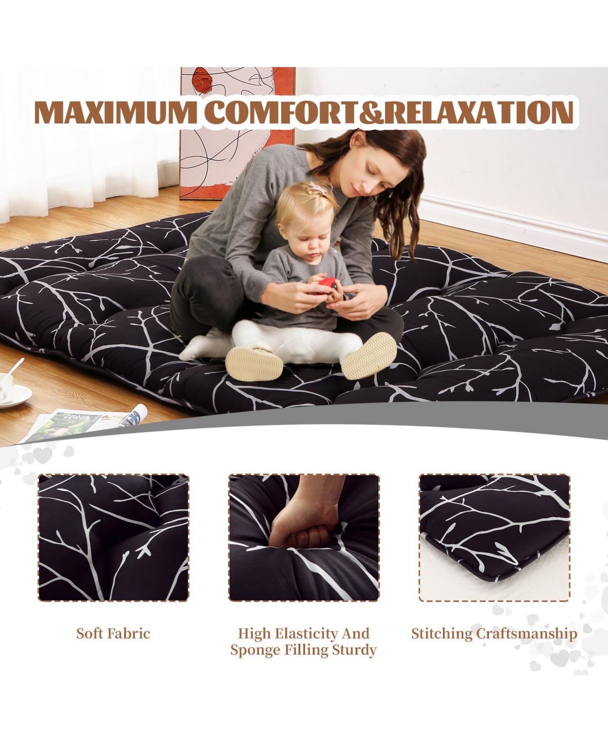 Caromio Futon Mattress Size, Branches Print Floor Mattress Pad Portable Dorm Sleeping Pad, 54