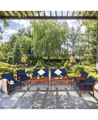 8PCS Patio Rattan Furniture Set Acacia Wood Frame Cushioned Sofa Chair Navy