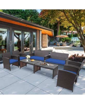 8PCS Patio Rattan Furniture Set Cushioned Chair Sofa Coffee Table White