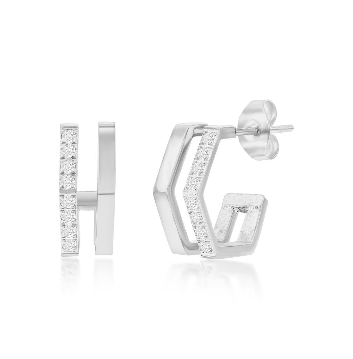 Stainless Steel, Geometric Cz Hoop Earrings - Silver