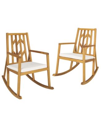 Set of 2 Outdoor Acacia Wood Rocking Chair Wooden Patio Rocker w/ Beige Cushion