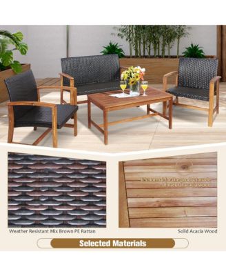 8PCS Outdoor Patio Rattan Furniture Set Acacia Wood Frame Sofa Loveseat Garden