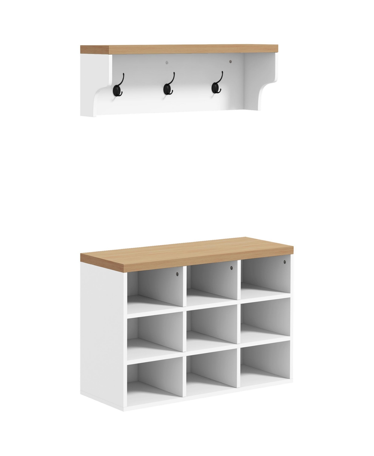 Modern White Coat Rack & Shoe Bench Set - White+oak