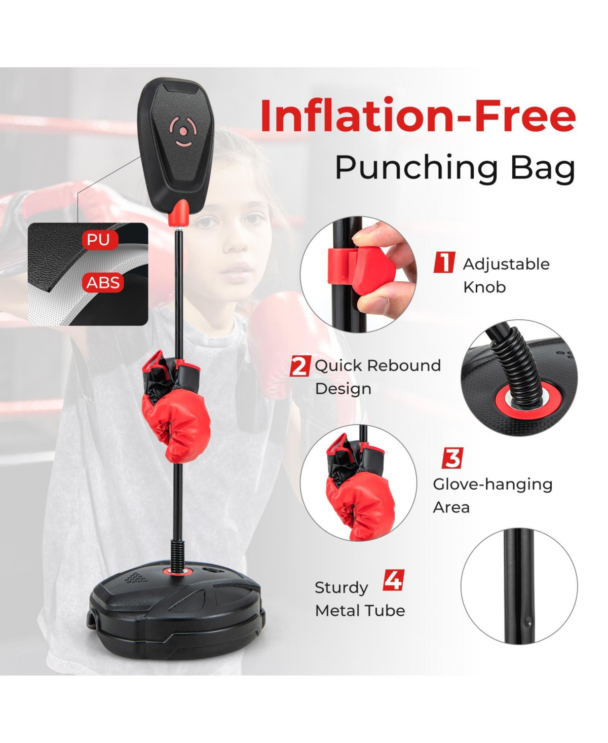 Slickblue Inflation-Free Boxing set with Punching Bag and Boxing Gloves Quick Rebound Design for 5+ Years Old Kids