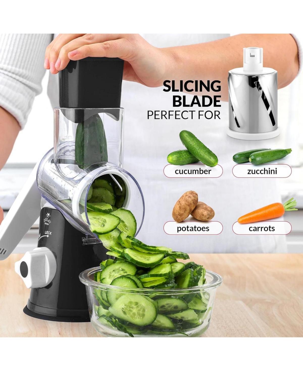 Zulay Kitchen Rotary Cheese Grater with 3 Interchangeable Blade Drums - Hand Crank Cheese Shredder and Slicer with Reinforced Suction