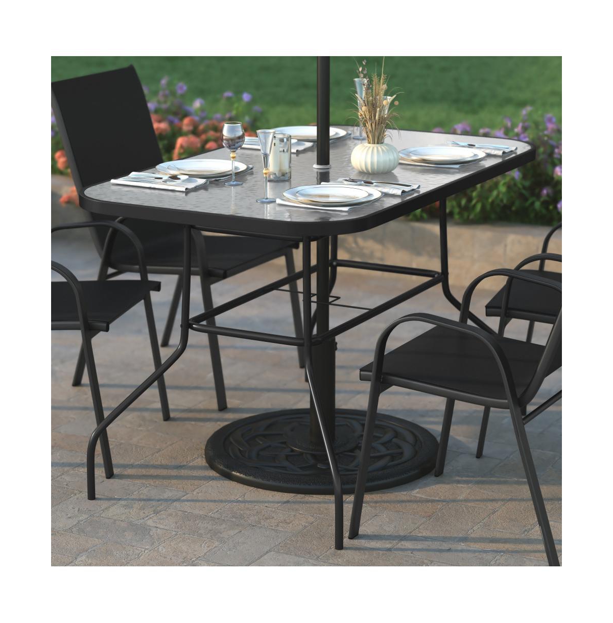 Emma+Oliver Tala Patio Table With Tempered Glass Top Umbrella Hole And Steel Frame