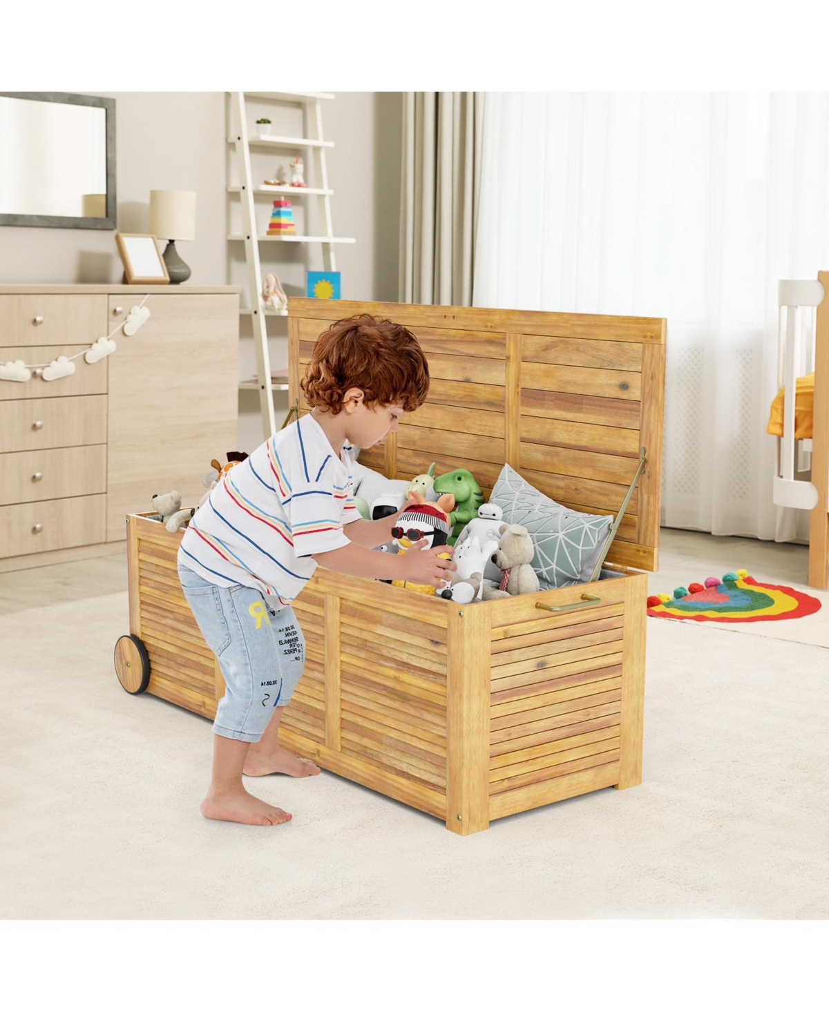 Slickblue Rolling Patio Wooden Deck Box with 2 Wheelsand Side Handle for Outdoor