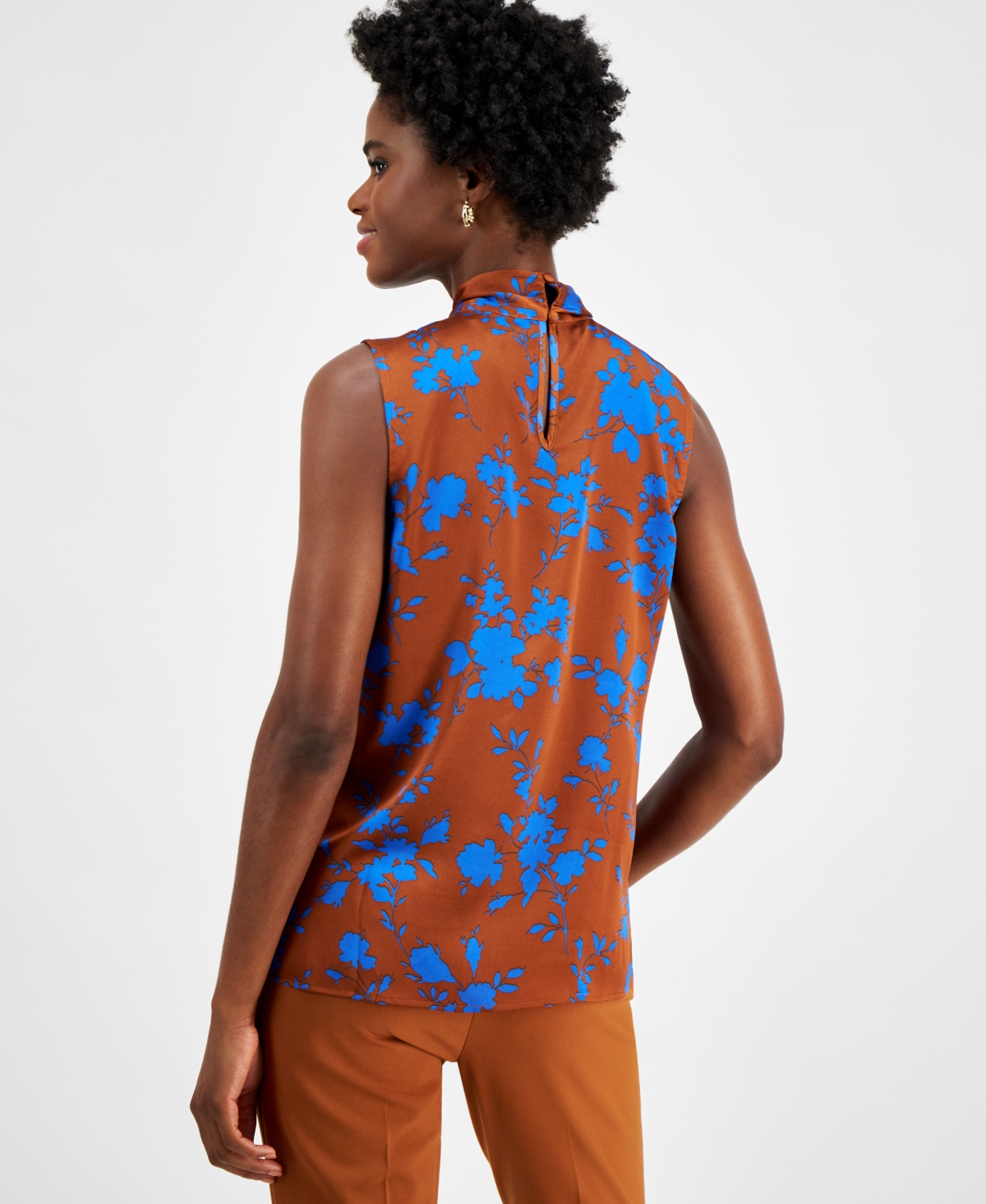 Tahari Asl Women's Floral-Print Bow-Neck Blouse -New Royal