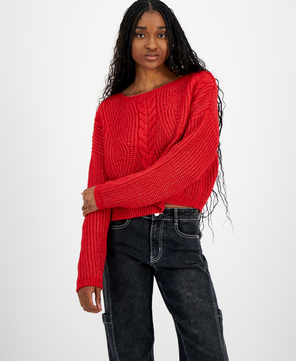 Freshman Juniors' Cable-Knit Long-Sleeve Sweater