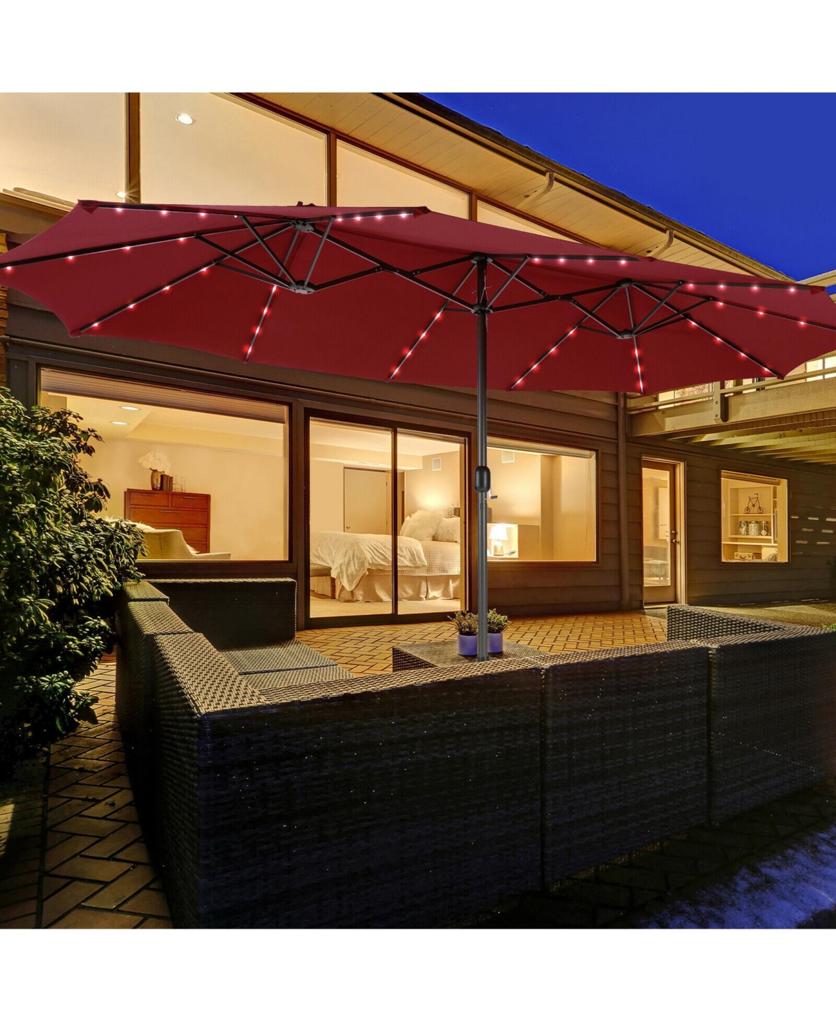 Gymax Outdoor 15' Double-Sided Patio Umbrella 48 Solar Led Lights Crank & Base Wine