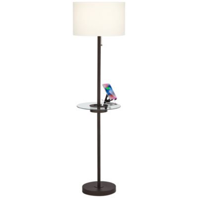 Caper Modern Floor Lamp with Tray Table 60 1/2" Tall Bronze USB and AC Power Outlet Off White Fabric Drum Shade for Living Room Office