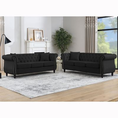 Black Velvet Chesterfield Sofa, 3-Seater, Tufted Couch