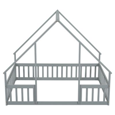 Streamdale Full Wood House-Shaped Floor Bed with Fence, Guardrails, Grey