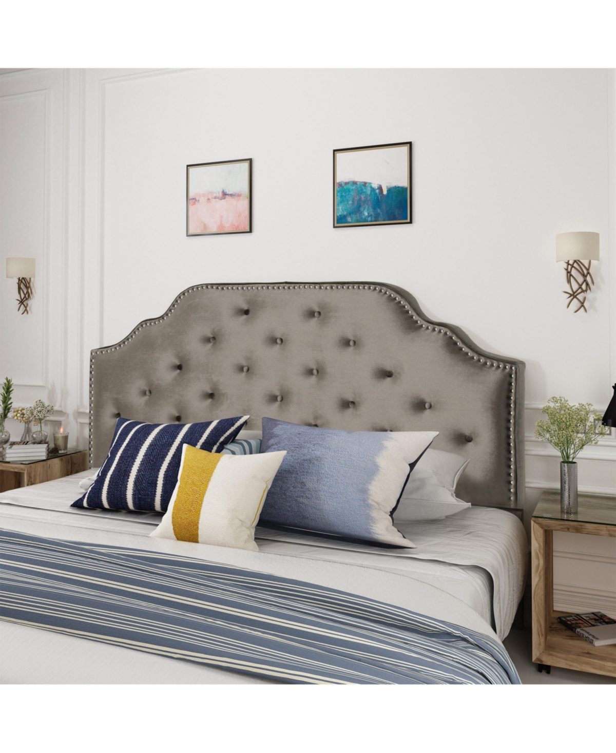 Simplie Fun Glam Velvet Button Tufted Diamond Stitch Headboard with Nailhead Accents