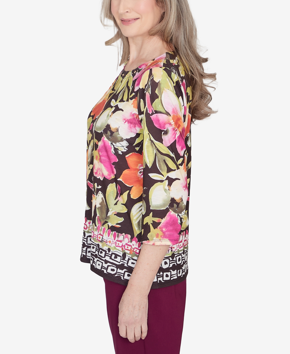 Alfred Dunner Classic Bold Floral Geometric Border Top