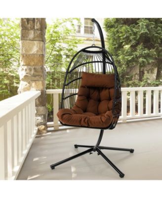 Patio Hanging Egg Chair with Stand Waterproof Cover and Folding Basket