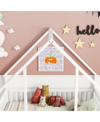 Full Wood House-Shaped Floor Bed with Fence, Guardrails, White