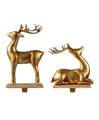 Set of 2 Gold Resin Standing Sitting Reindeer Stocking Holders
