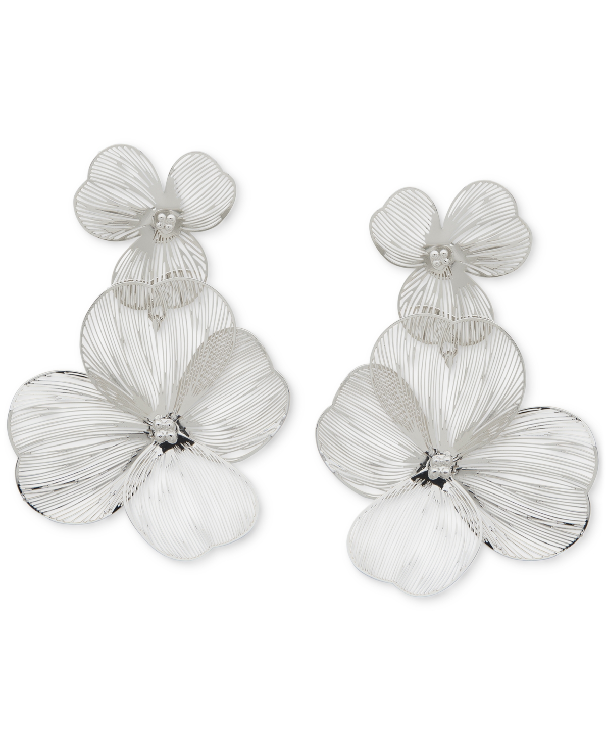 Silver-Tone Openwork Flower Double Drop Earrings - Seafoam