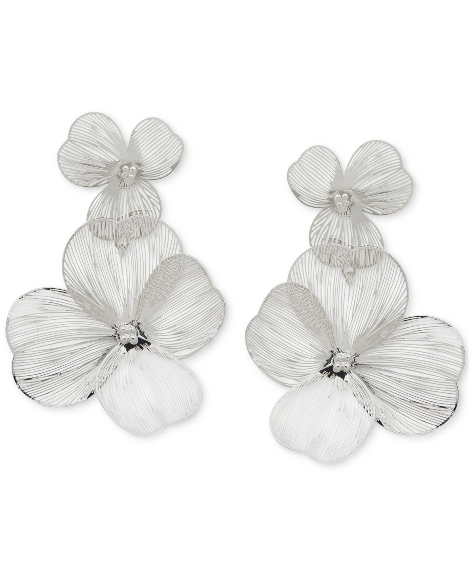 Silver-Tone Openwork Flower Double Drop Earrings