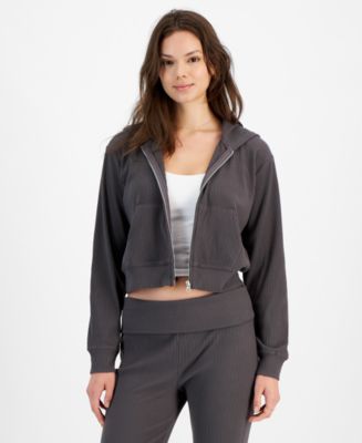 Hippie Rose Juniors' Ribbed Cropped Zip-Up Hoodie - Macy's