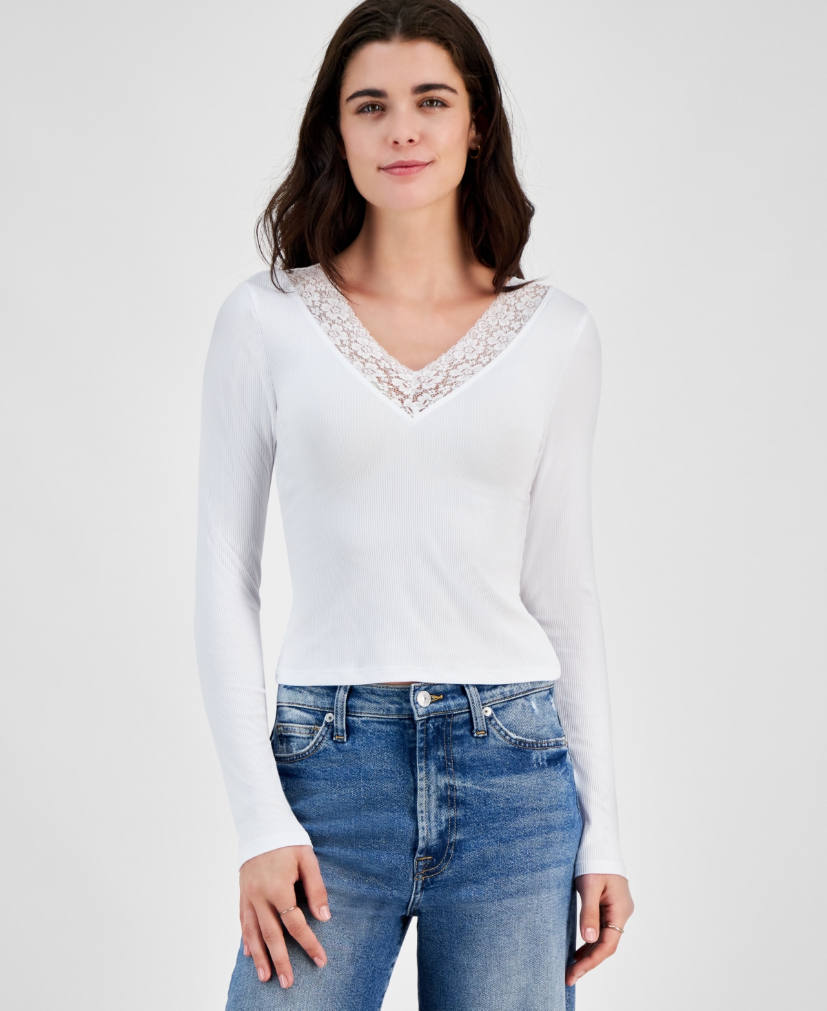 Just Polly Juniors' V-Neck Lace-Trim Long-Sleeve Top