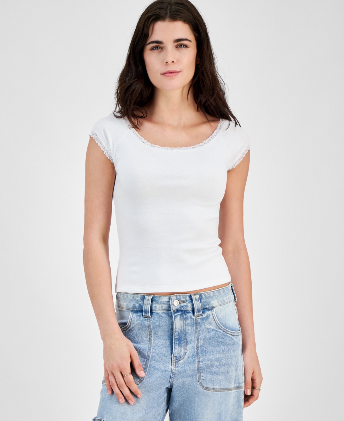 Juniors' Lace-Trim Boat-Neck Tee - White
