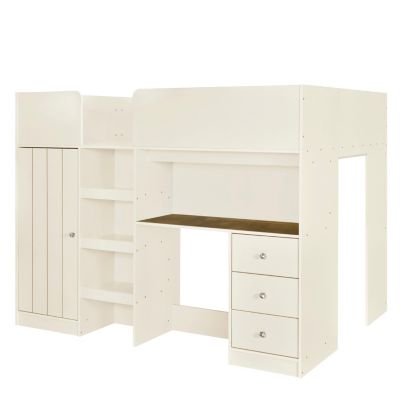  Full-Size Loft Bed with Wardrobe, Desk, Shelves, Drawers