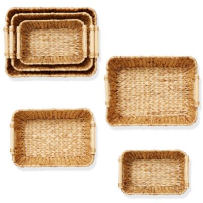 (Set of 2) Seagrass Oval Storage Baskets with Wooden Handles - Large Woven Bin Organizers