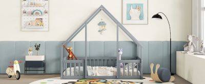 Twin Wood House-Shaped Floor Bed with Fence, Guardrails, Grey